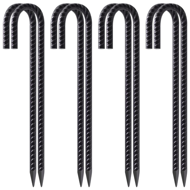 VVOKGO Rebar Stakes 12 Inch Heavy Duty J Hook 8 Pack, Galvanized Garden Tent Ground Stakes Steel Point End,Chain Link Fence Stakes for Dogs Digging Wire Fencing,Trampoline Stakes with Chisel,Black - Image 1